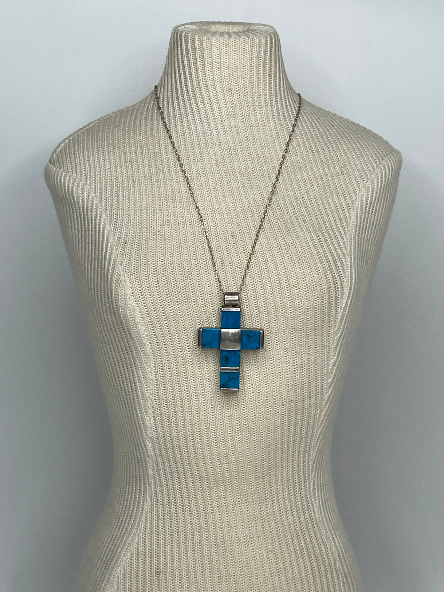 Vintage Turquoise Sterling Silver Multi Square Stone Cross Pendant W/ Sterling 18" Chain