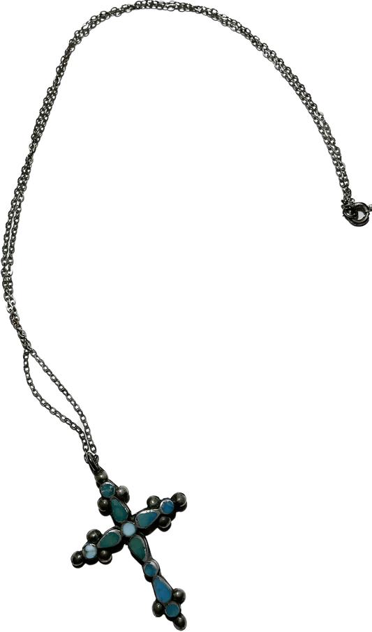18” Sterling Silver Necklace W/ Sterling Turquoise Cross