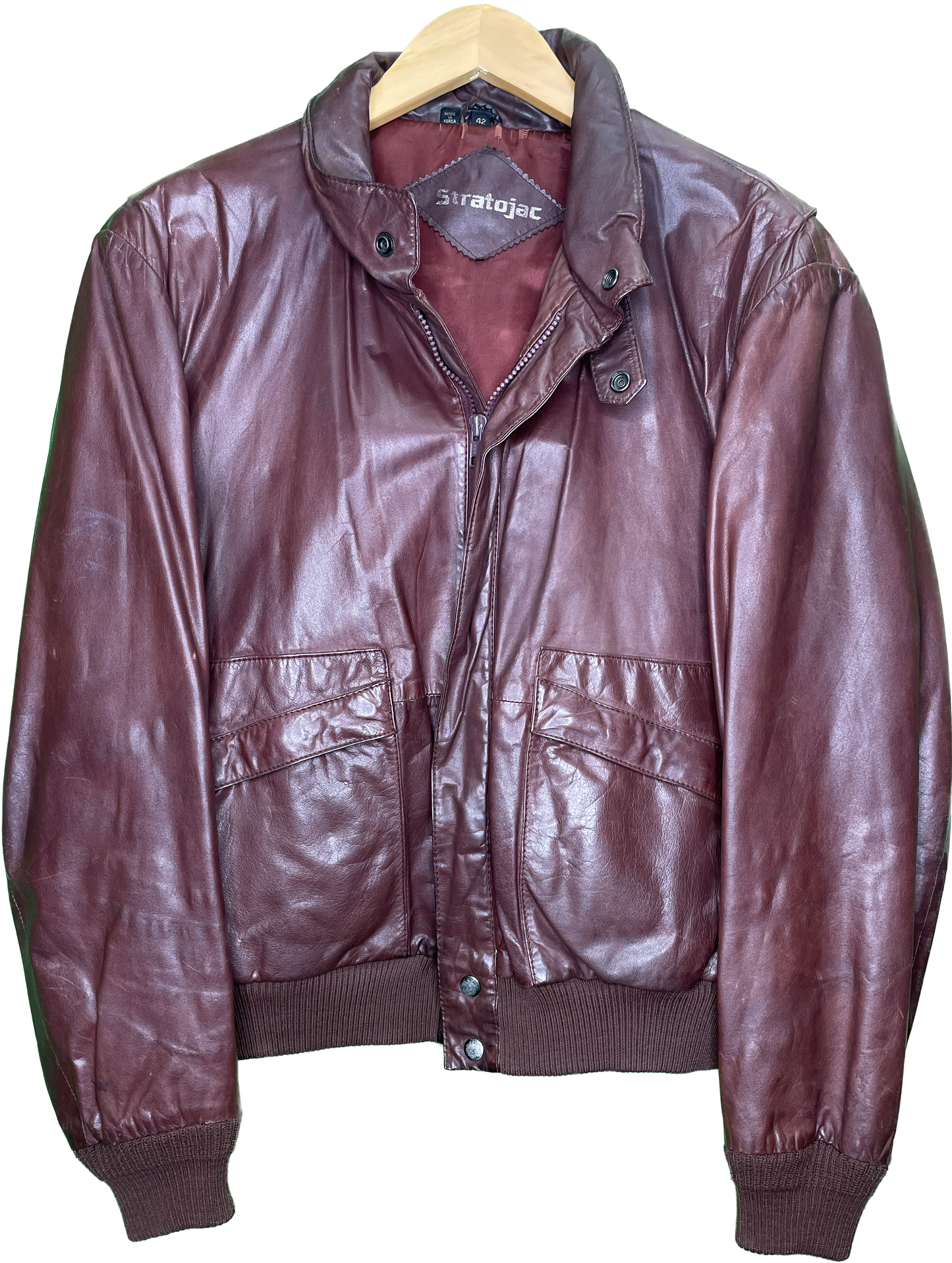 L 80s Maroon Bomber Style Leather Jacket