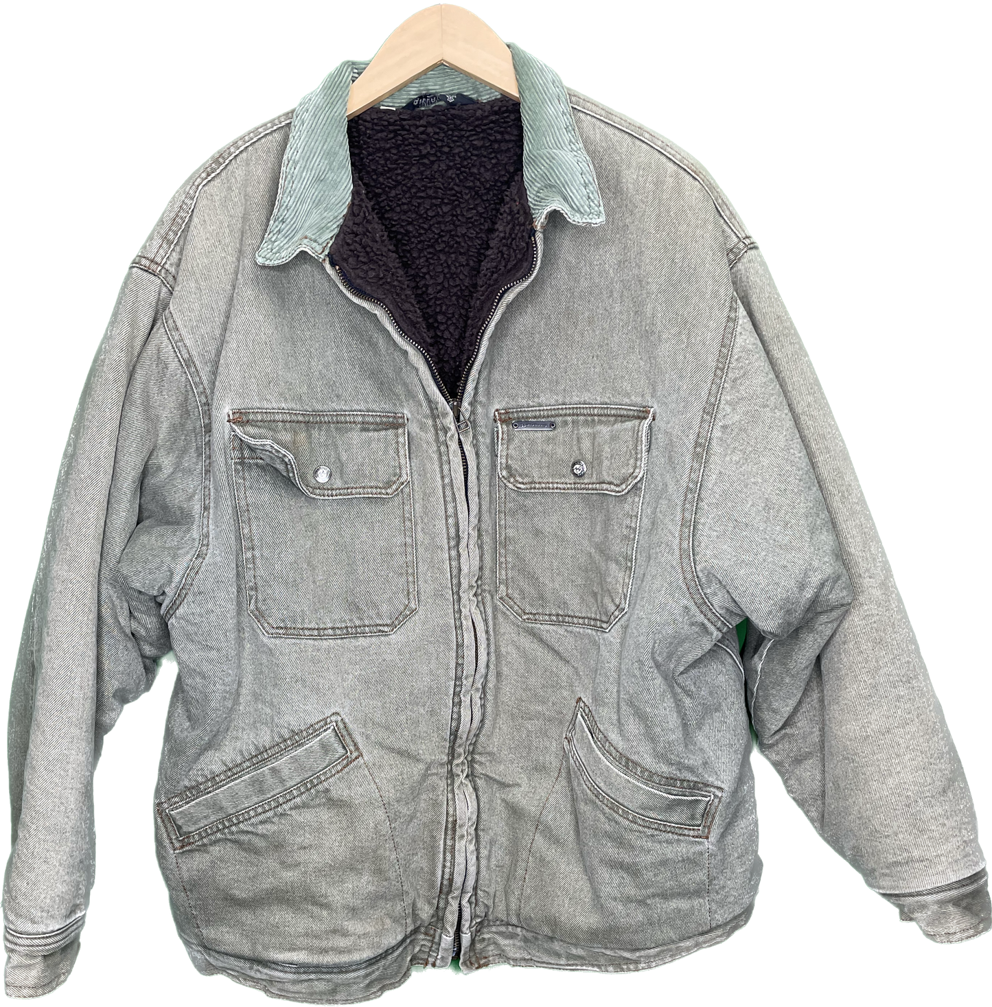 XL 90s Billabong Green Sherpa W/ Corduroy Collar Denim Jean Jacket