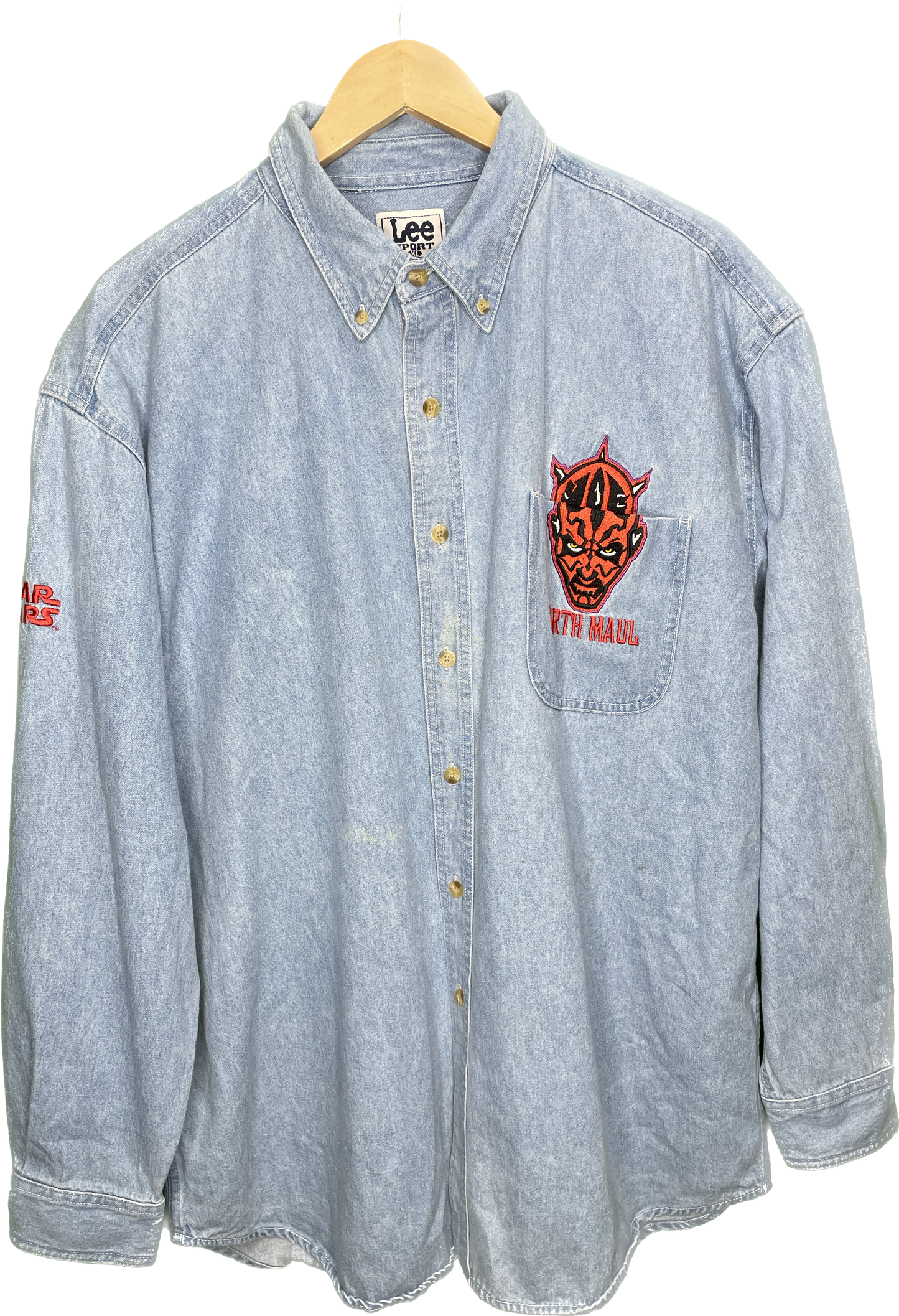 Vintage XXL Star Wars Darth Maul Embroidered Denim Button Up Shirt