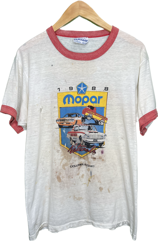 Vintage M/L 80s 88 Mopar Nationals This Distressed Stained Ringer T-Shirt