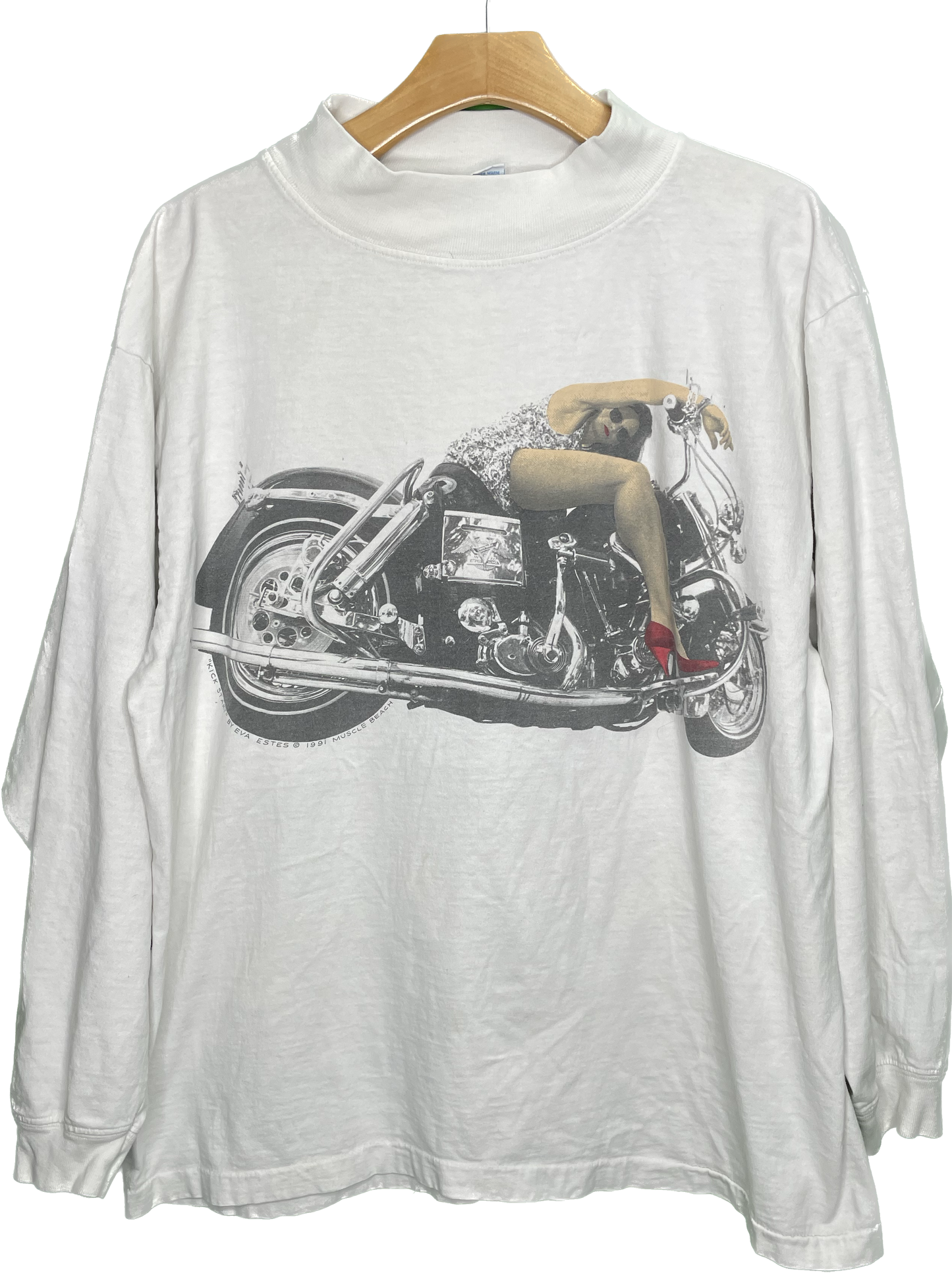 Vintage L/XL Kick Starter Motorcycle Babe Mock Turtleneck Long Sleeve T-Shirt