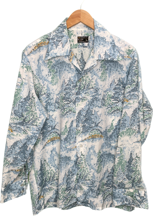 Vintage XL 70s AOP Wave Ocean Poly Button Up Shirt