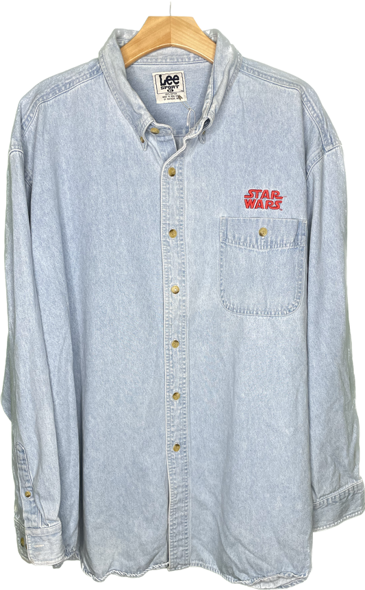 Vintage XXL Darth Maul Star Wars Embroidered Denim Button Up Shirt