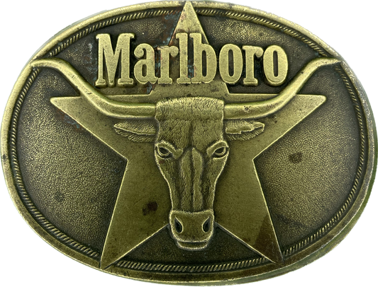 Vintage 70s Marlboro Cigarettes Embossed Brass Belt Buckle