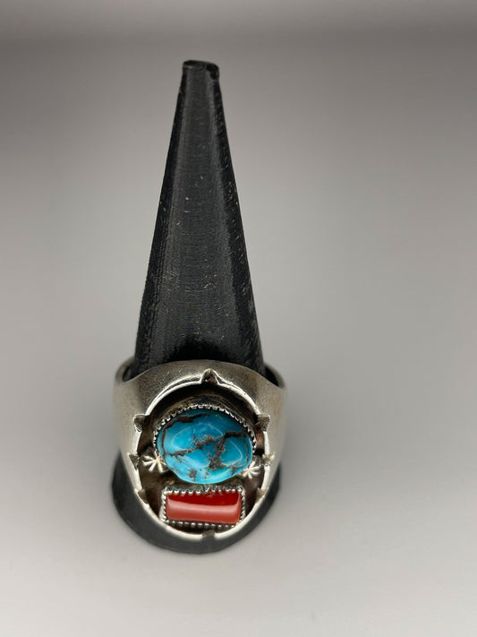Vintage Sterling Silver Turquoise Coral Sawtooth Double Star Ring Size 10.5