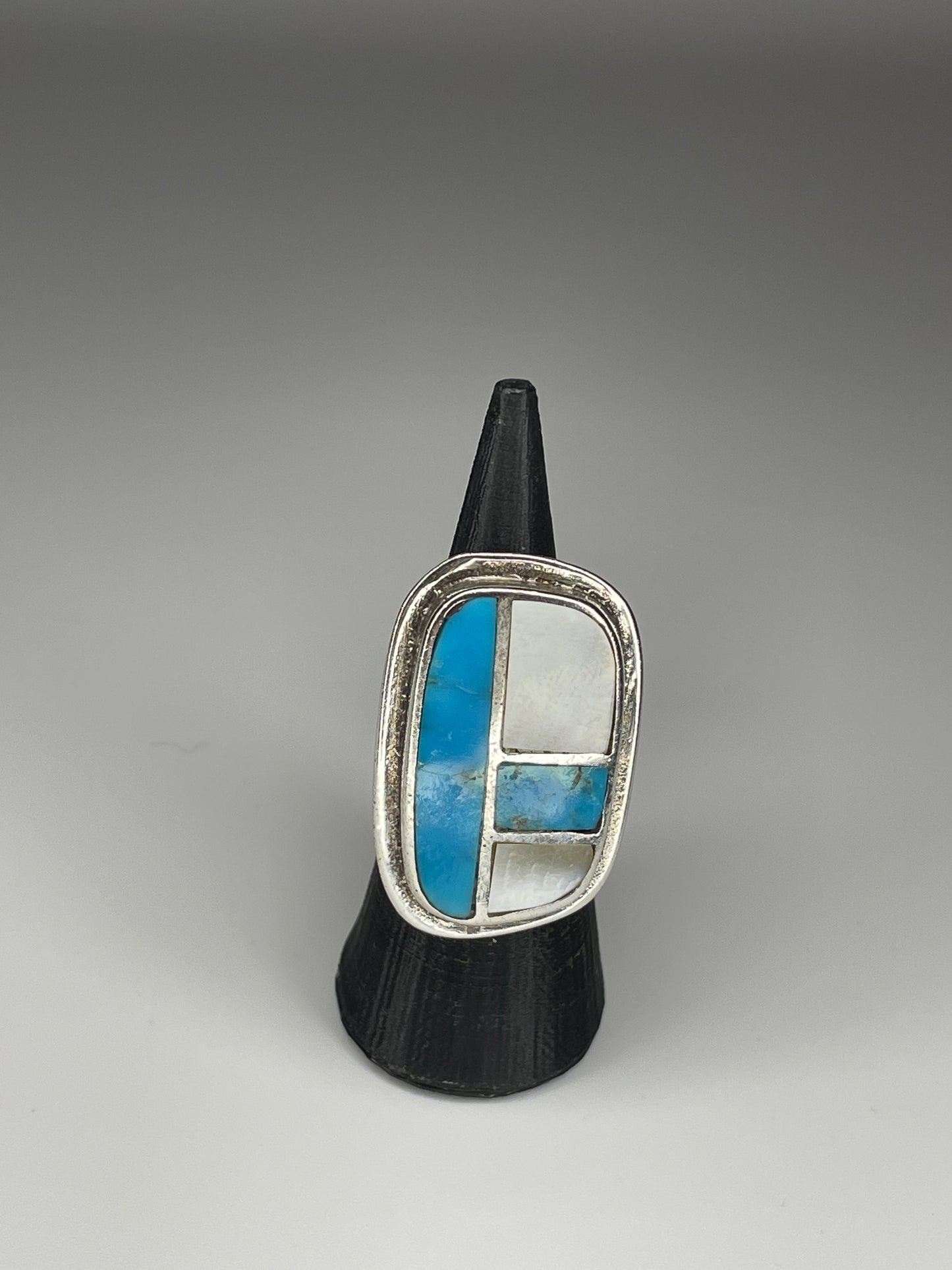 Vintage Sterling Silver Large Turquoise Mother of Pearl Inlay Ring Size 4.5