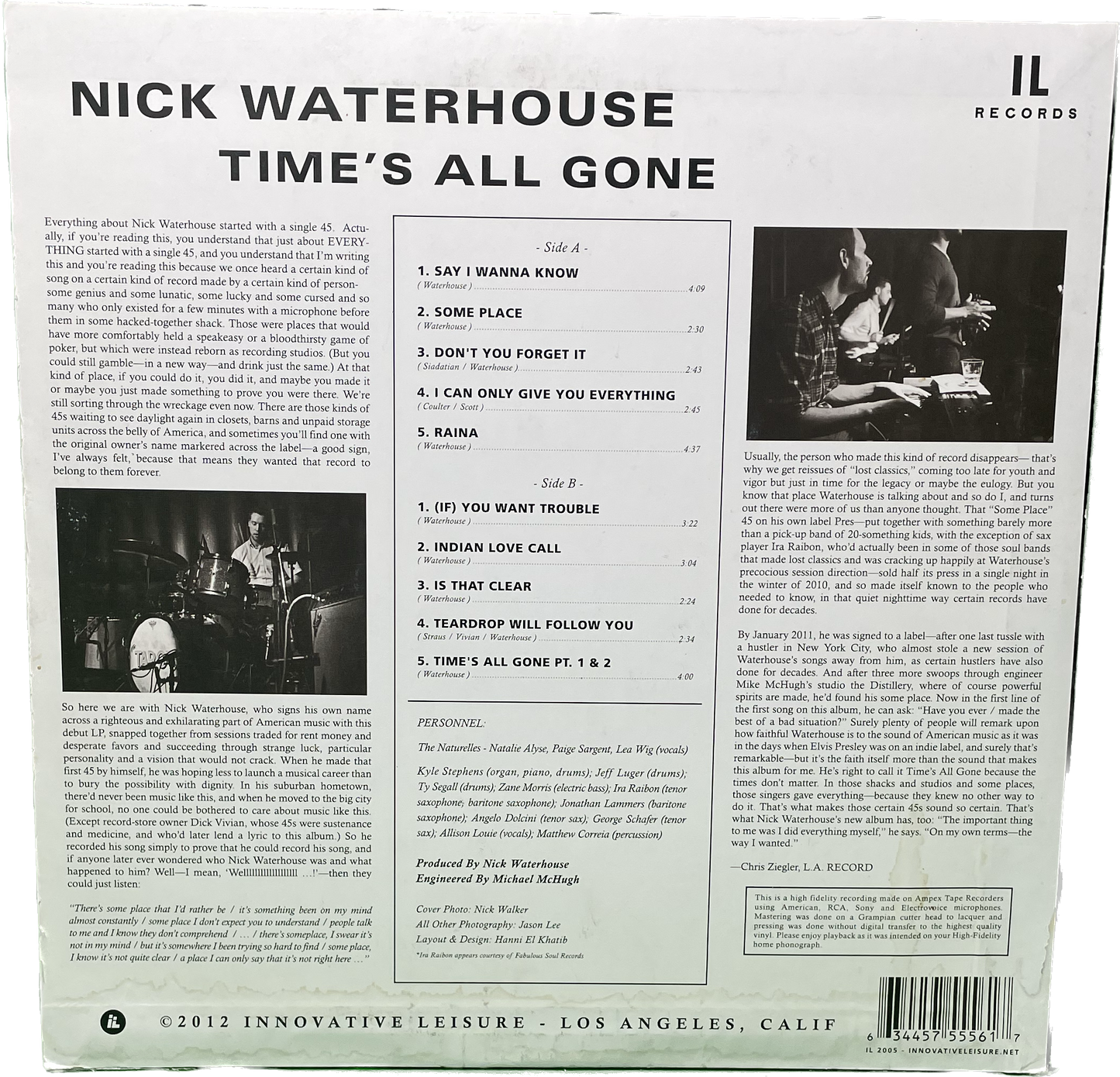 Lp Nick Waterhouse – “Time's All Gone” – 2012 - Innovative Leisure - 12" R&B Vinyl