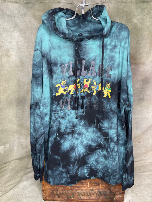 Village Vintage Frolicking Bear Logo on Custom Dyed Hoodie Sweatshirt Blue
