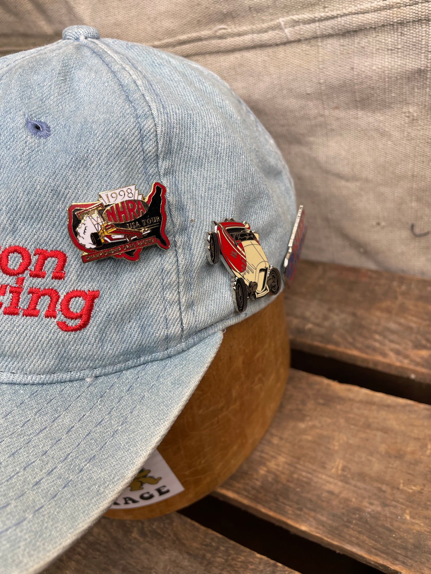Vintage NHRA Winston Drag Racing Denim Dad Hat Adjustable W/ Pins 90s Y2K