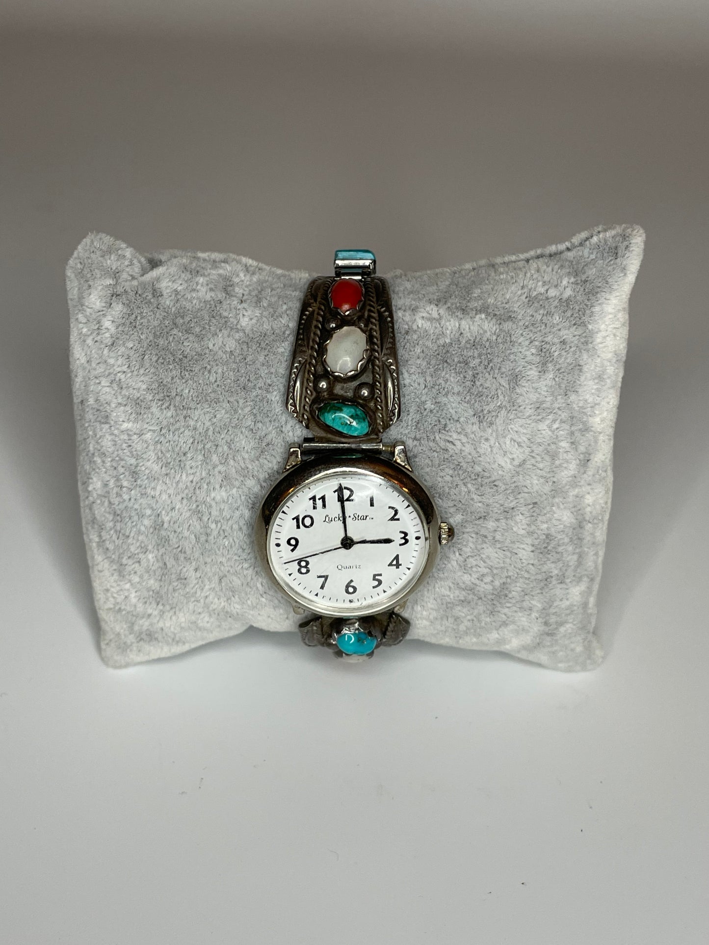 Vintage Sterling Silver Turquoise Coral MOP Watch Band Tips