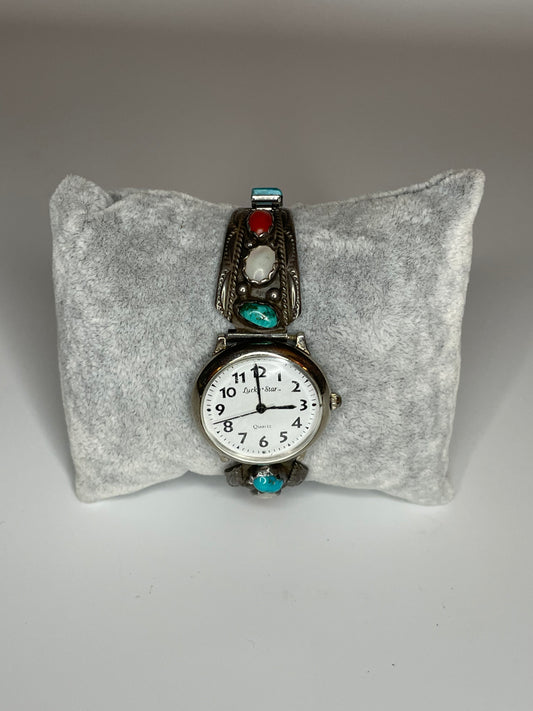 Vintage Sterling Silver Turquoise Coral MOP Watch Band Tips