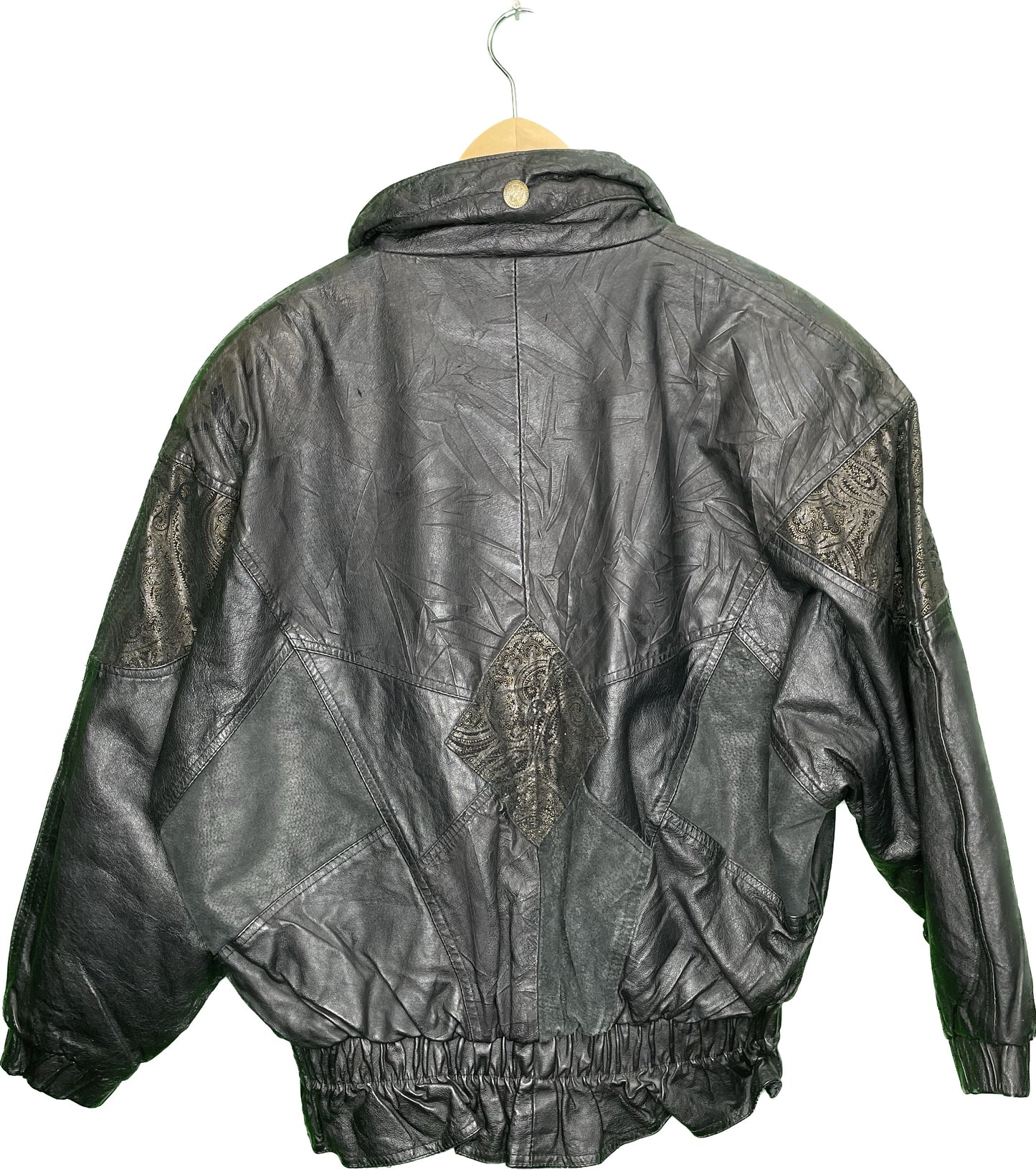 Vintage L/XL Black Leather Paisley Bomber Jacket
