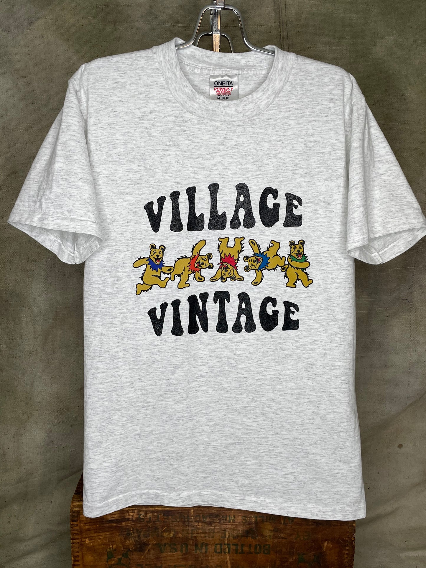 Village Vintage Frolicking Bear Logo on Hand Sourced Vintage Blank Shirt S/M