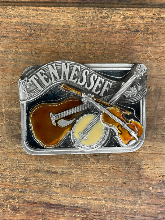 Vintage Tennessee Music Guitar Banjo Violin Enamel Belt Buckle