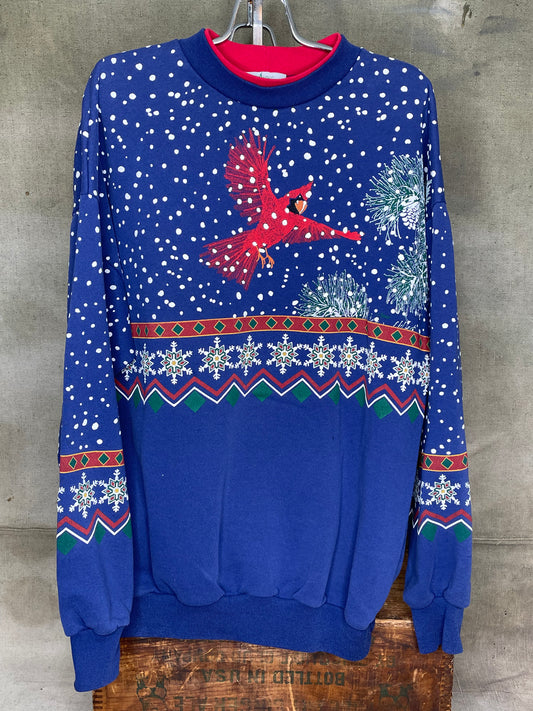 Vintage XL Winter Cardinal Snow Snowflake Crewneck Sweatshirt