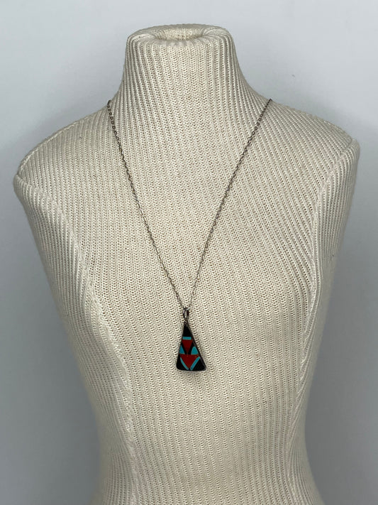 Vintage Inlay Turquoise Onyx Coral Sterling Silver Triangle Pendant W/ Sterling Chain