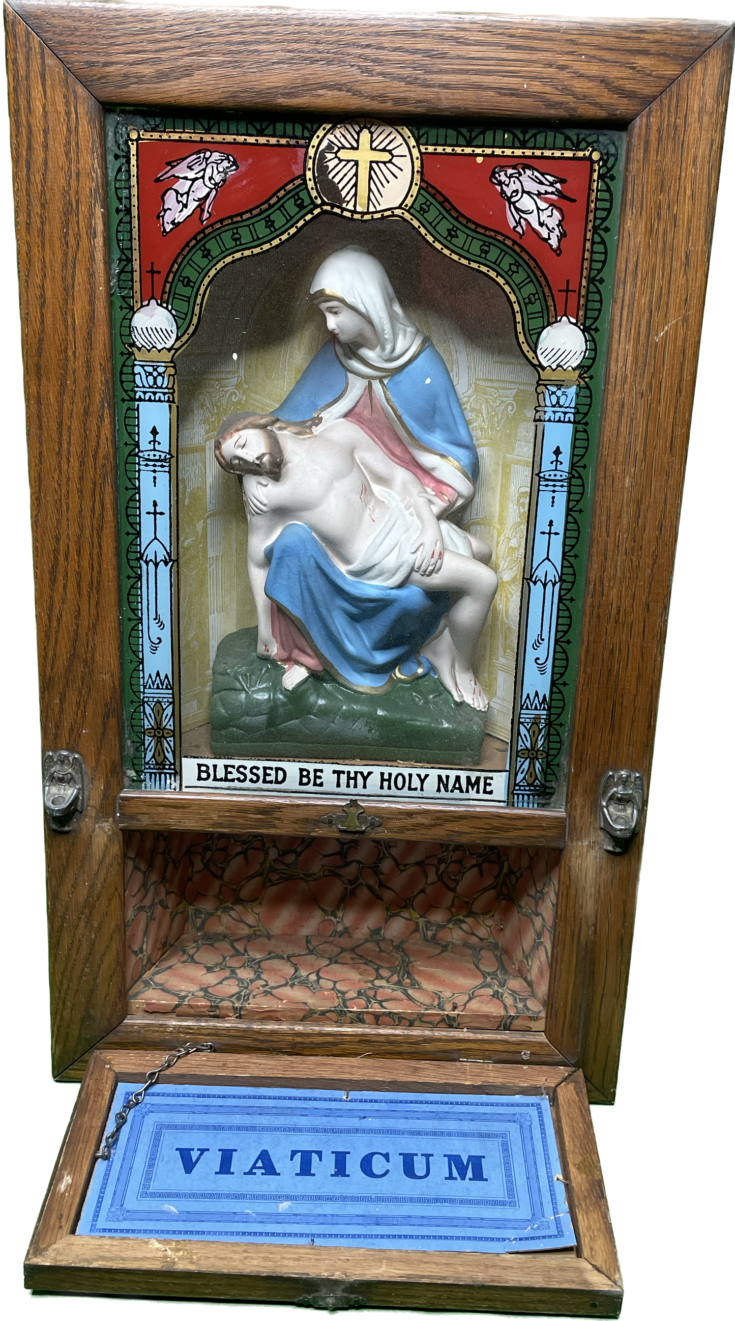 Vintage Religious Shrine Oak Box w/ Plaster Figure Reverse Painting
