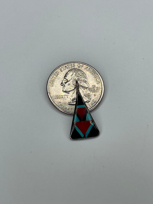 Vintage Inlay Turquoise Onyx Coral Sterling Silver Triangle Pendant W/ Sterling Chain