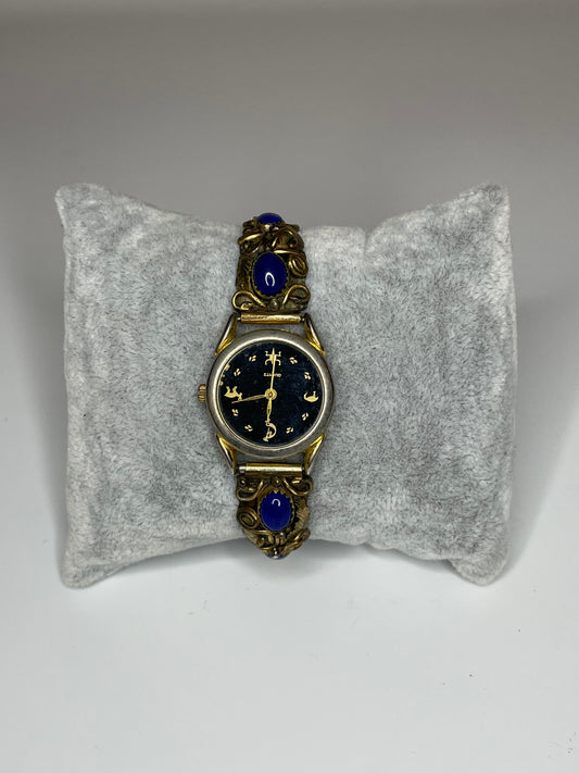 Vintage Gold Tone Sterling Silver Lapis Watch Band Tips