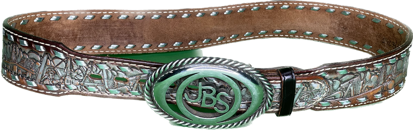 Vintage Oil Field Belt Buckle And Tooled Leather Belt Roughneck Oilrig