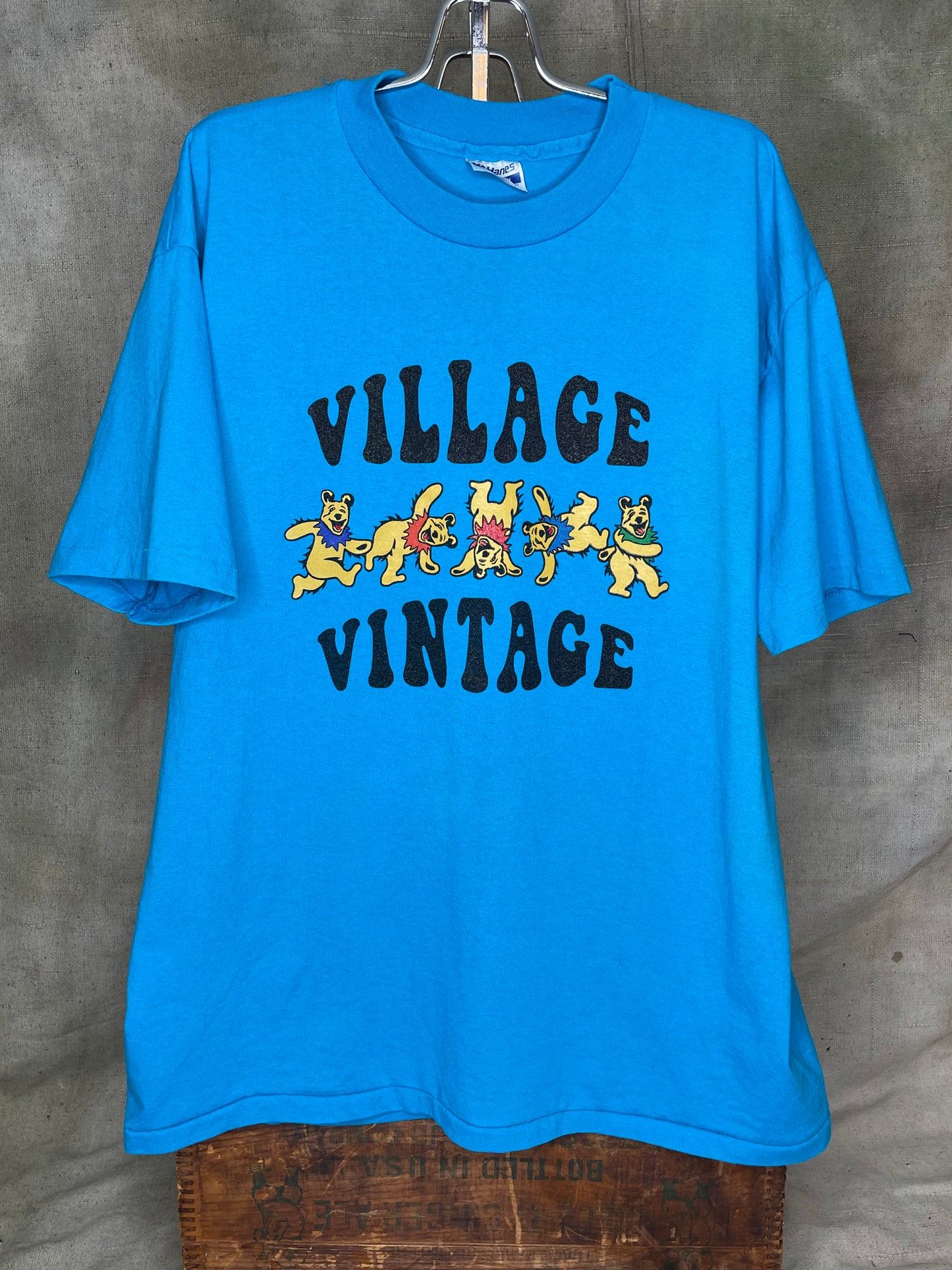 Village Vintage Frolicking Bear Logo on Hand Sourced Vintage Blank Shirt L/XL