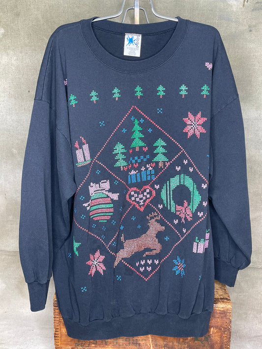Vintage XXL Christmas Tree Reindeer Crewneck SweatShirt