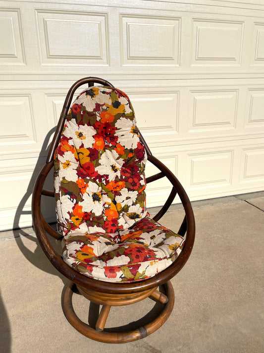 Vintage 70s Floral Rattan Swivel Rocking Chair