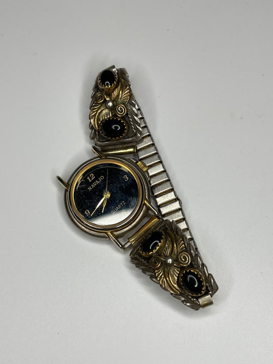 Vintage Native Gold Tone Sterling Silver Onyx Watch Band Tips