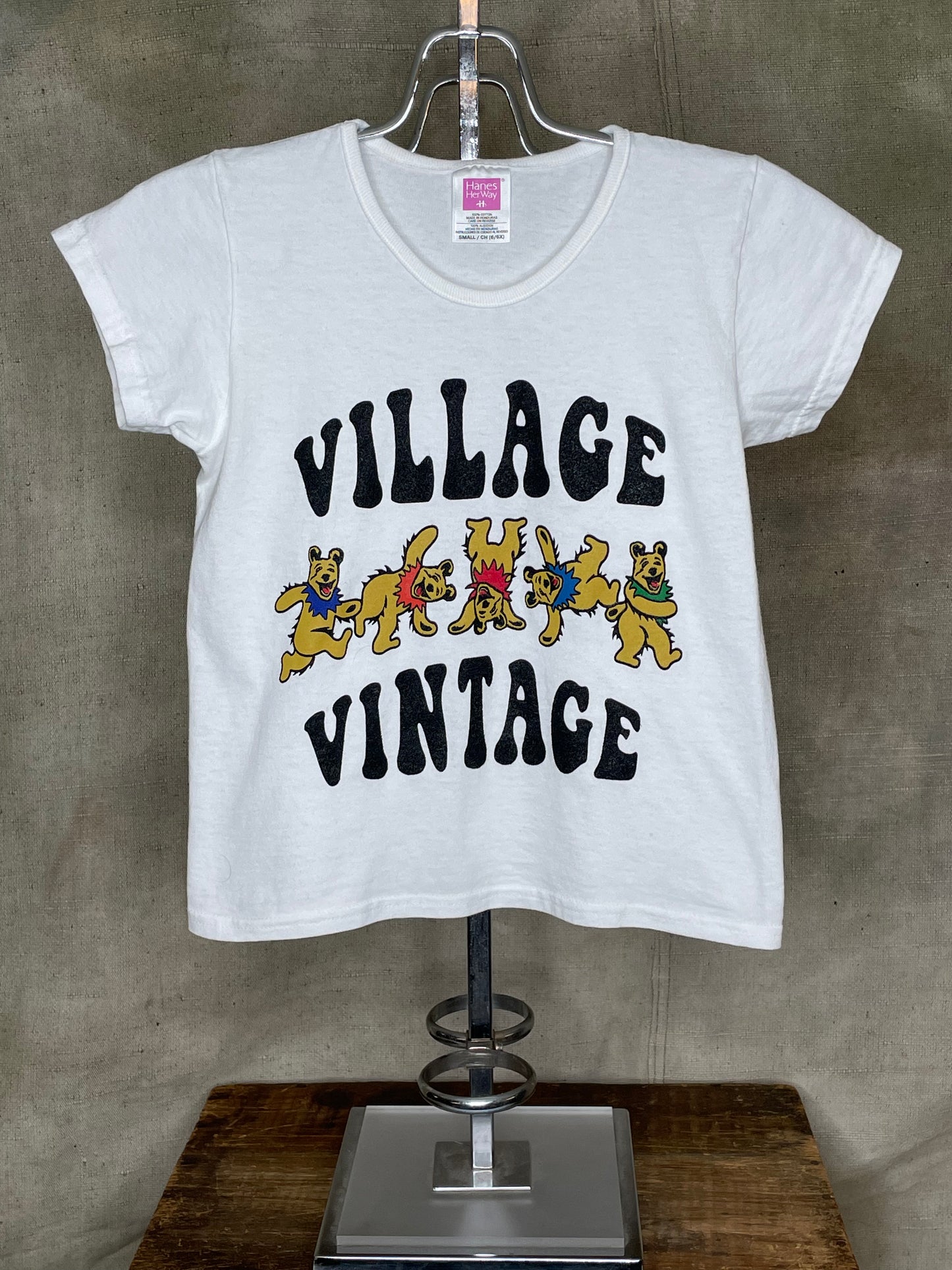 Village Vintage Frolicking Bear Logo on Hand Sourced Vintage Blank Shirt XXS/XS
