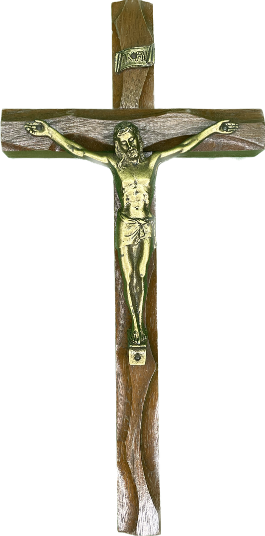 Vintage 10” Brass Wood Cross Crucifix Religious Wall Hanging