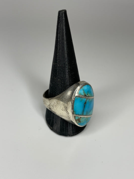Vintage Sterling Silver Turquoise Inlay Mens Ring Sz 11