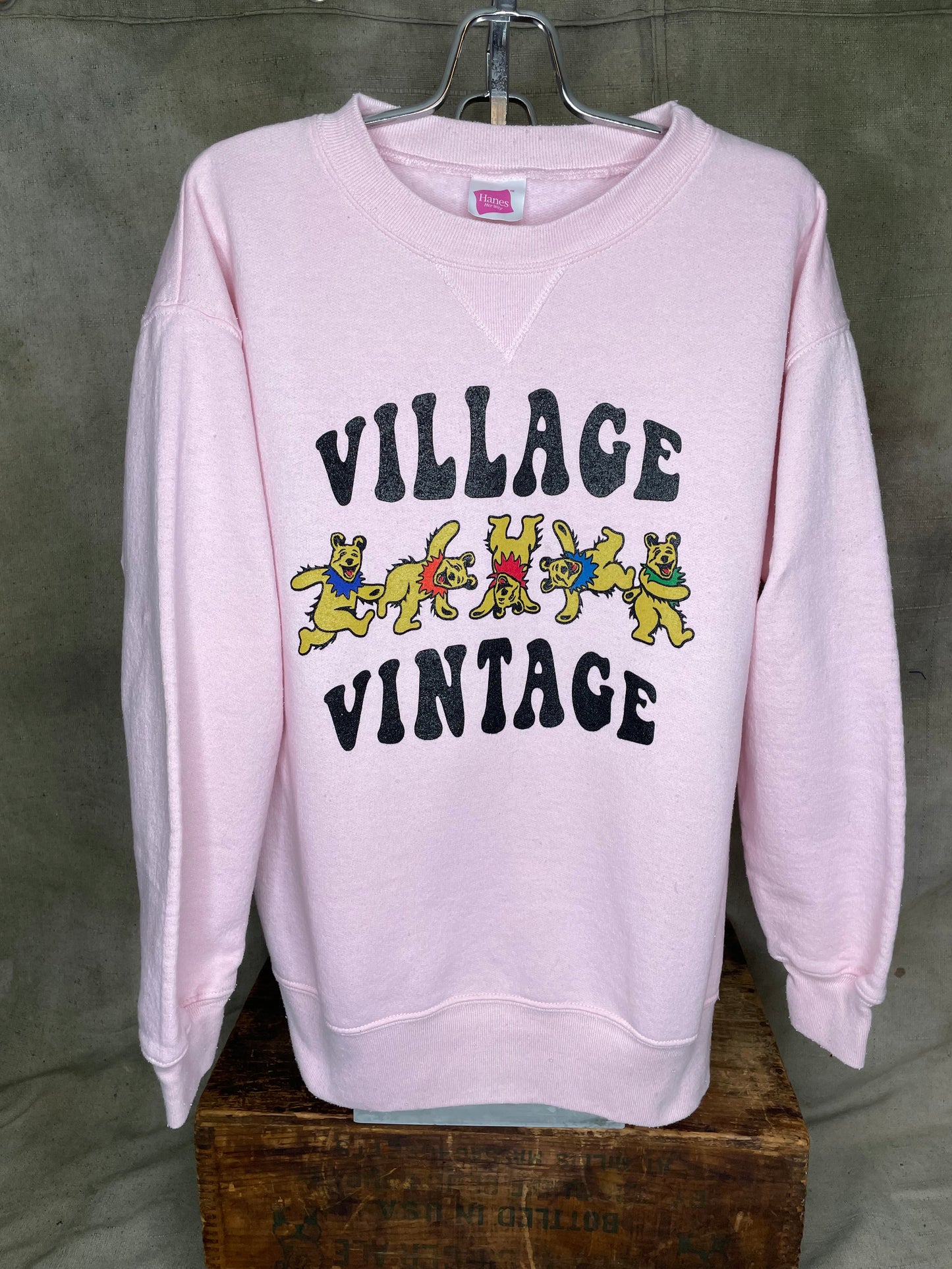 Village Vintage Frolicking Bear Logo on Hand Sourced Vintage Sweatshirt Blank L