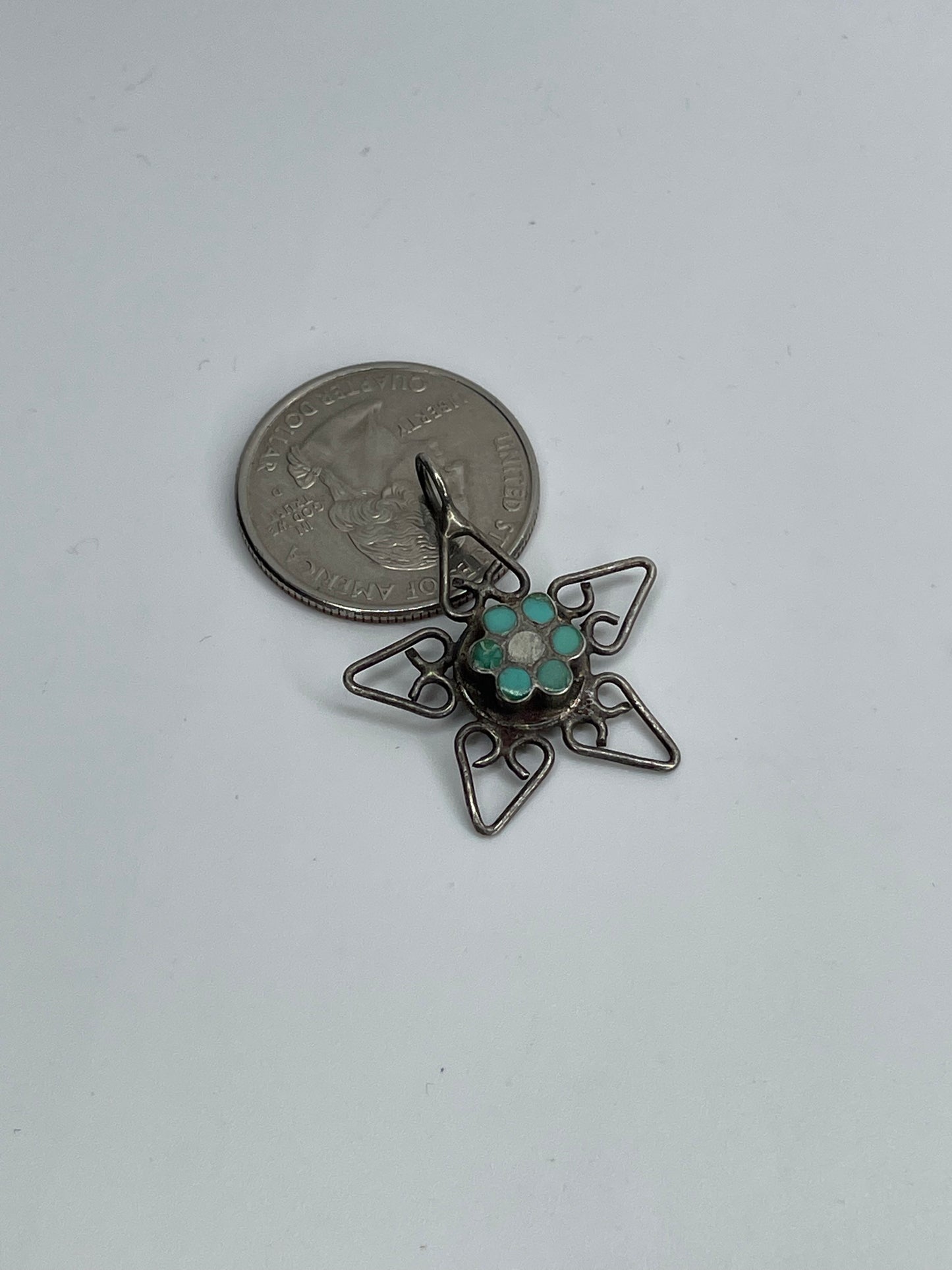 Vintage Zuni Needle Point Turquoise Sterling Silver Star Pendant W/ 18" Sterling Chain