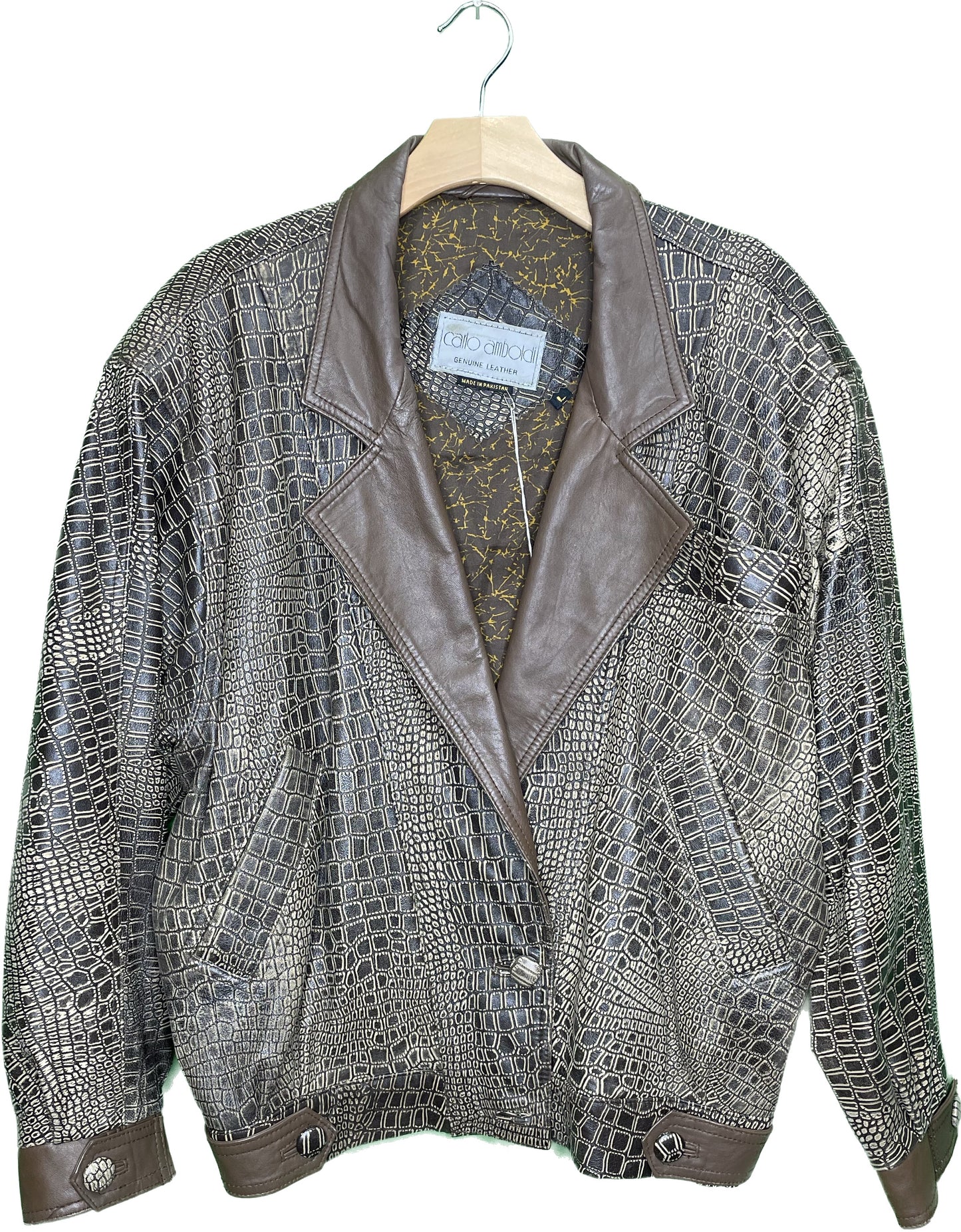 Vintage L/XL Brown Leather Crocodile Print Jacket