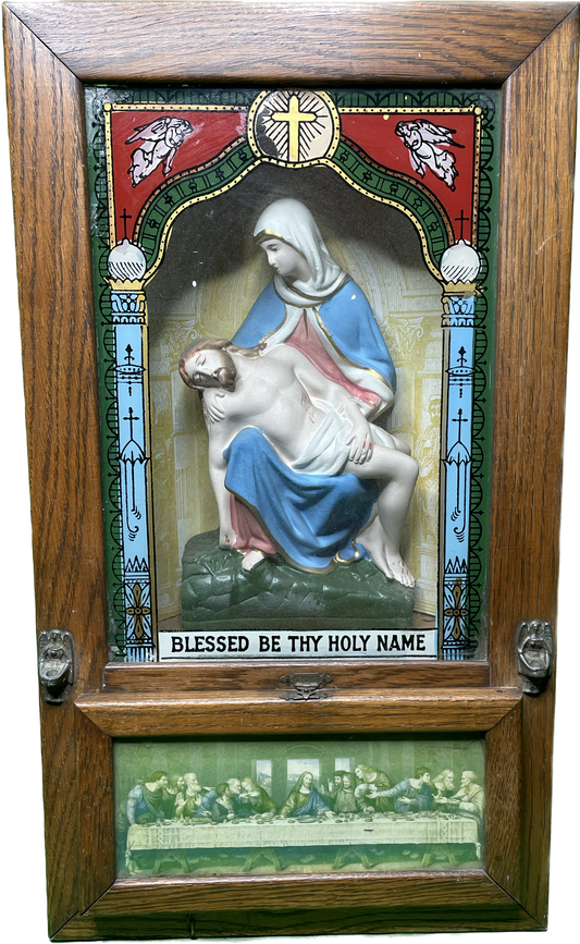 Vintage Religious Shrine Oak Box w/ Plaster Figure Reverse Painting