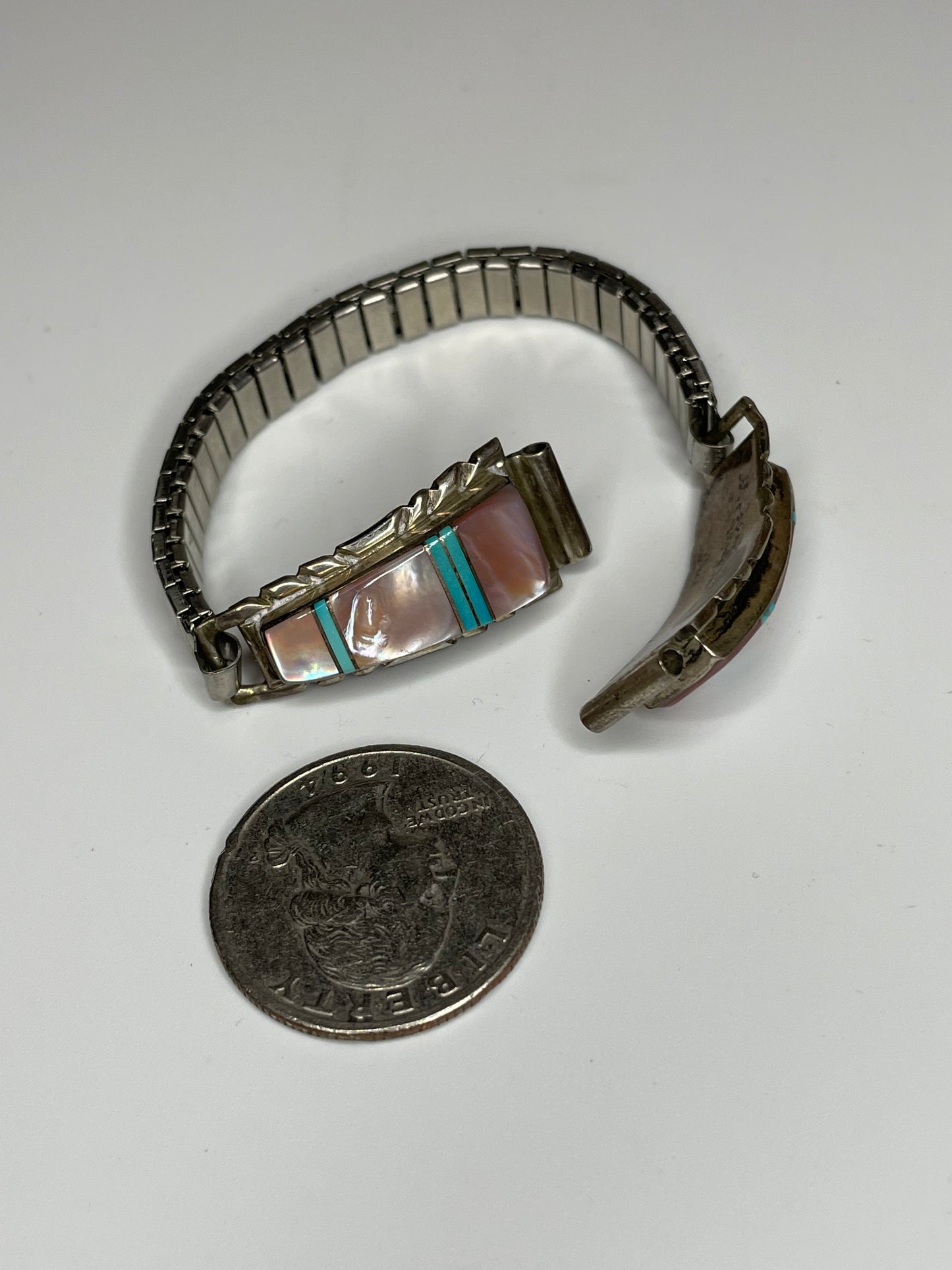 Vintage MOP Turquoise Sterling Silver Native Inlay Watch Band Tips