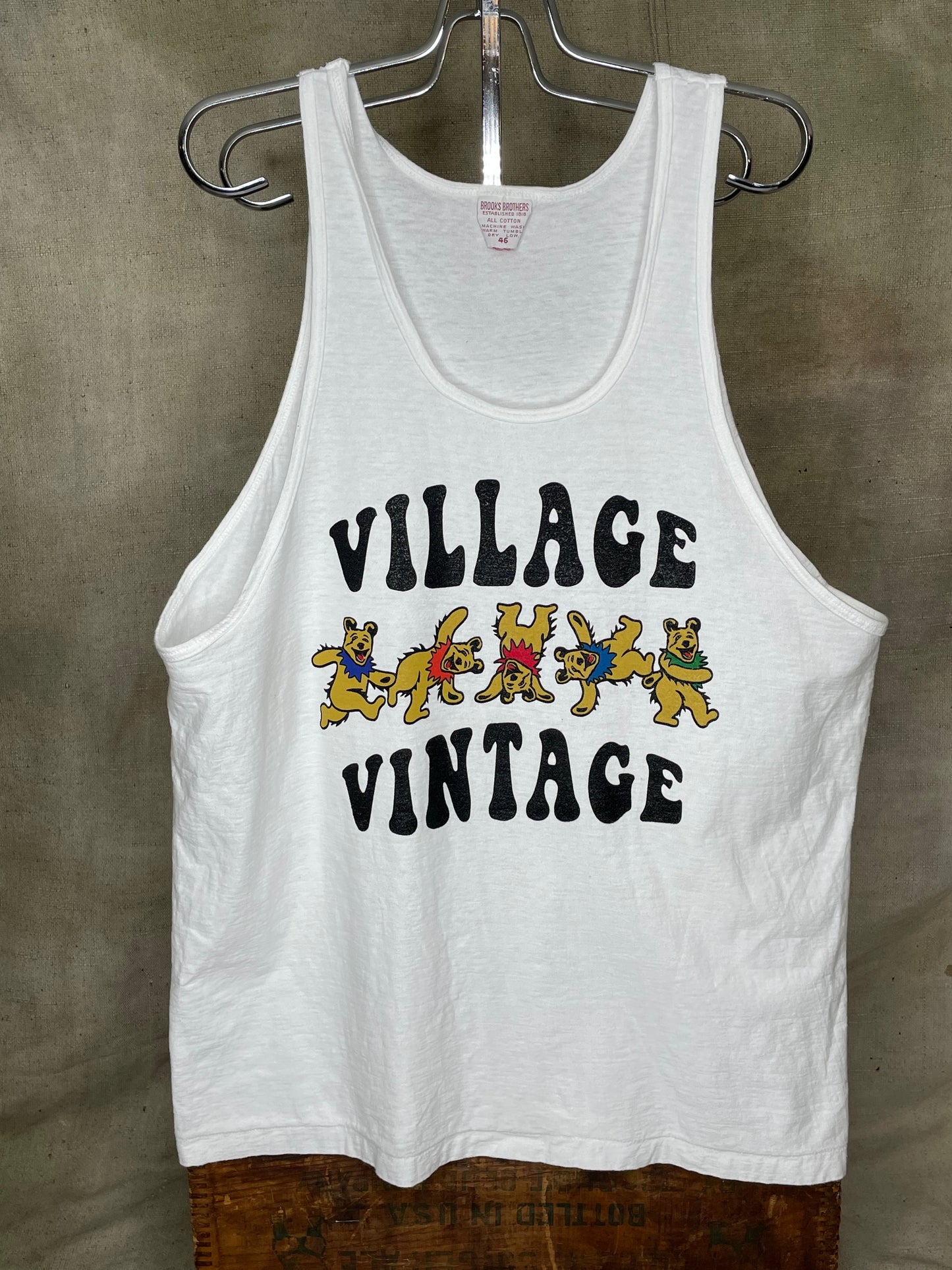 Village Vintage Frolicking Bear Logo on Hand Sourced Vintage Blank Tank Top Shirt M/L