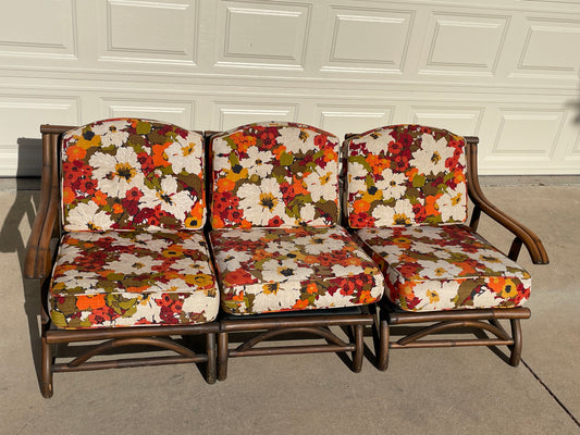 Vintage 70s Floral Rattan Couch Calif-Asia Style