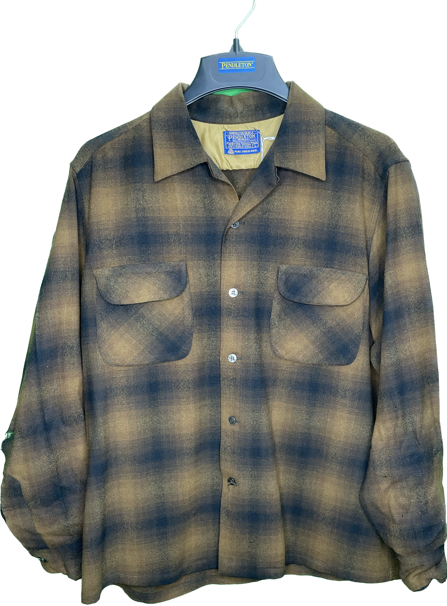 Vintage L/XL Pendleton Shadow Plaid Loop Collar Wool Board Flannel Shirt As Is