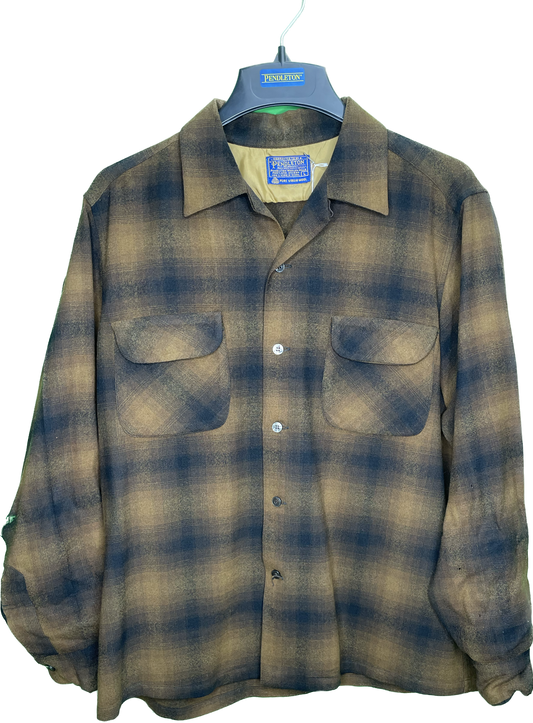 Vintage L/XL Pendleton Shadow Plaid Loop Collar Wool Board Flannel Shirt As Is