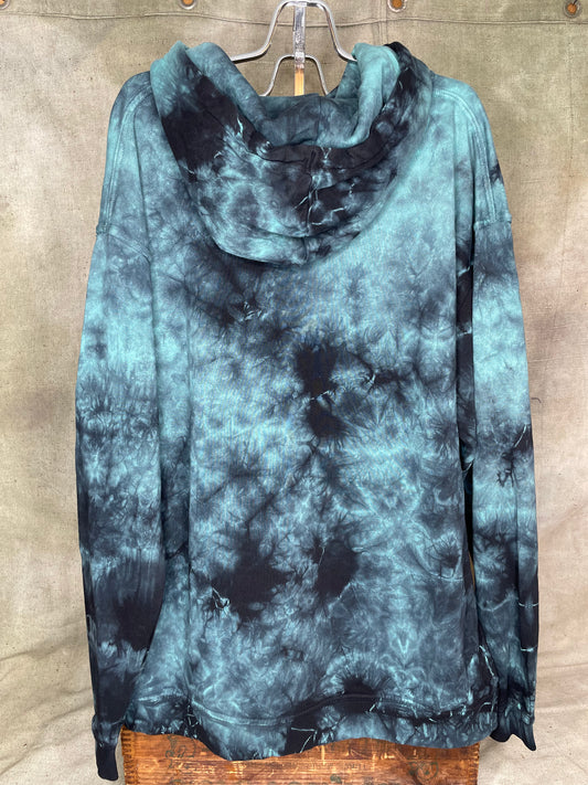 Village Vintage Frolicking Bear Logo on Custom Dyed Hoodie Sweatshirt Blue