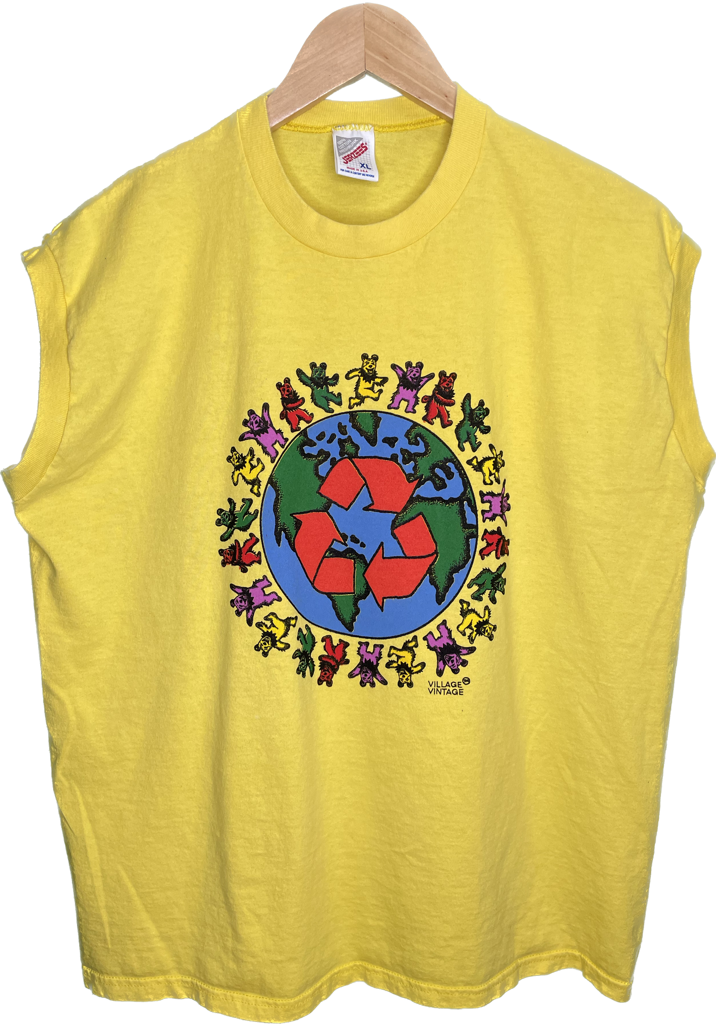 Vintage L/XL Recycle Reduce Rewear Village Vintage Merch Yellow Vert T-Shirt