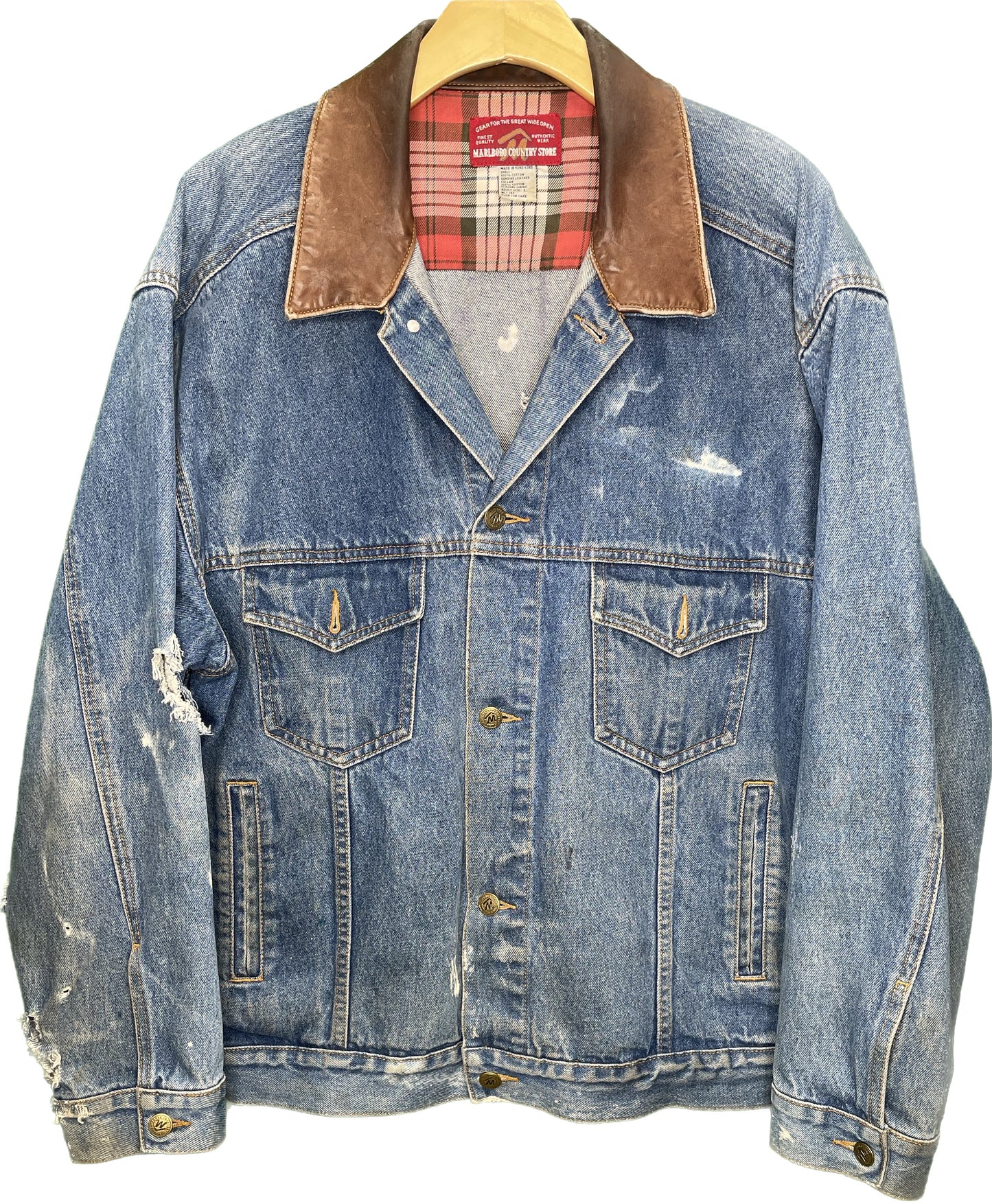 Vintage XL Marlboro Country Store Leather Collar Denim Jacket