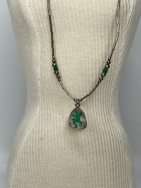 Vintage Enamel Lizard Sterling Silver Bead Necklace 17”