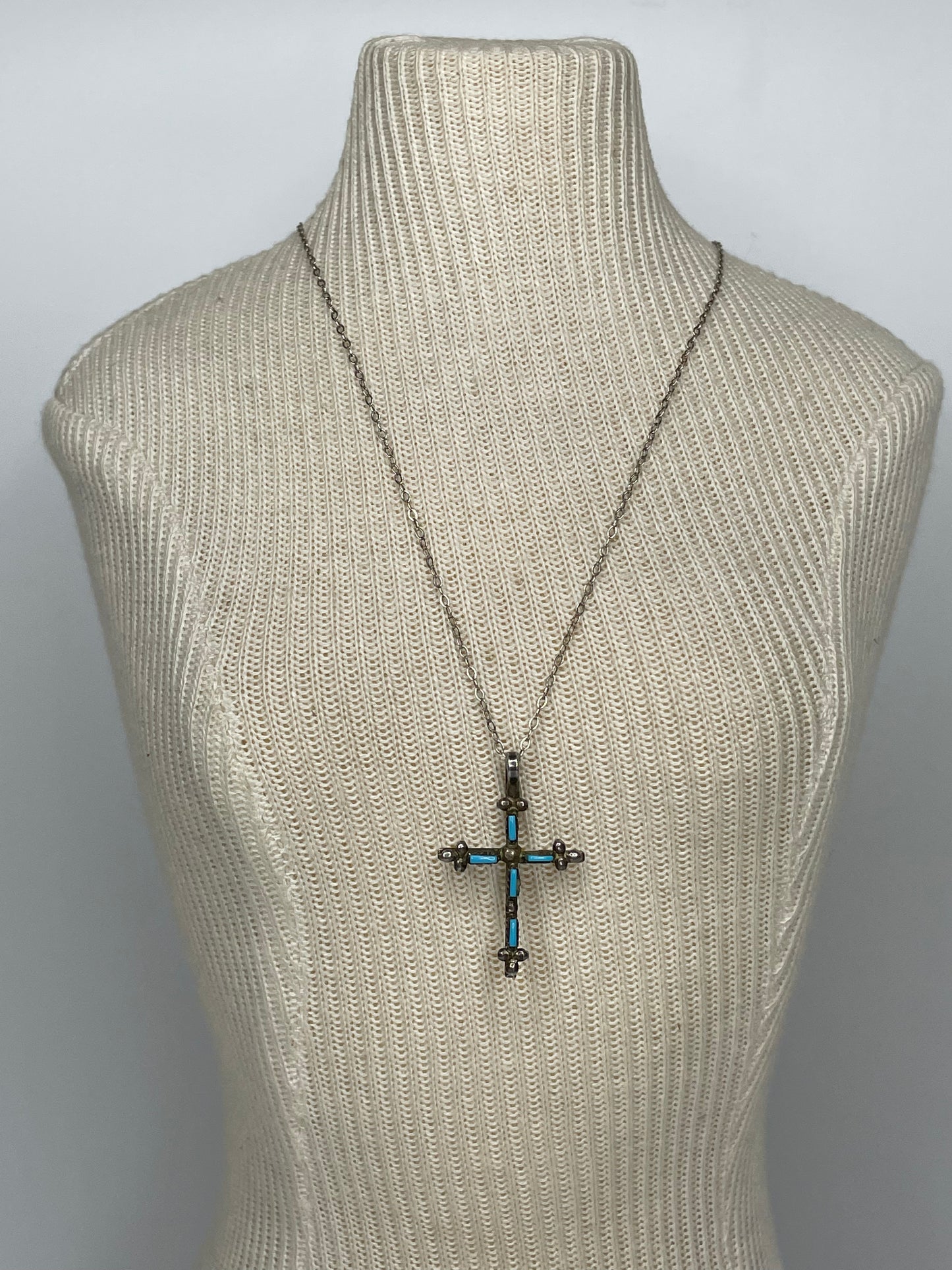 Vintage Zuni Sterling Silver Turquoise Sawtooth Cross Pendant W/ 18" Sterling Chain