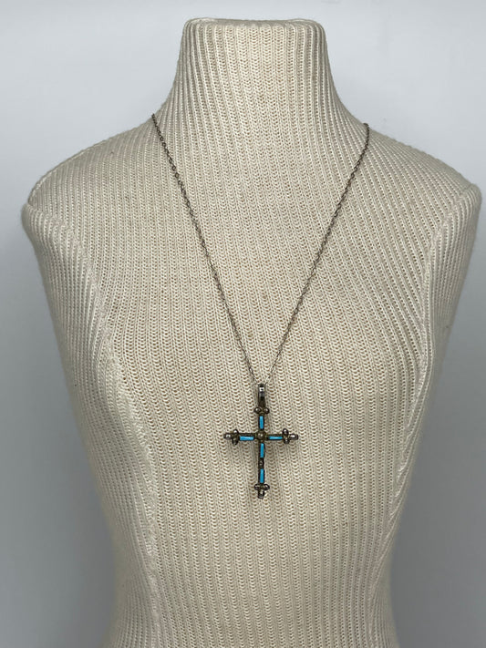 Vintage Zuni Sterling Silver Turquoise Sawtooth Cross Pendant W/ 18" Sterling Chain