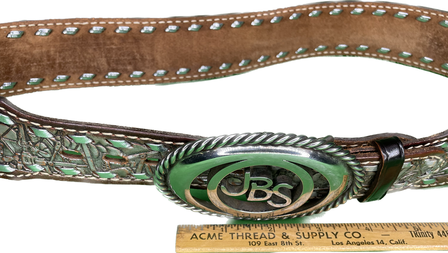 Vintage Oil Field Belt Buckle And Tooled Leather Belt Roughneck Oilrig