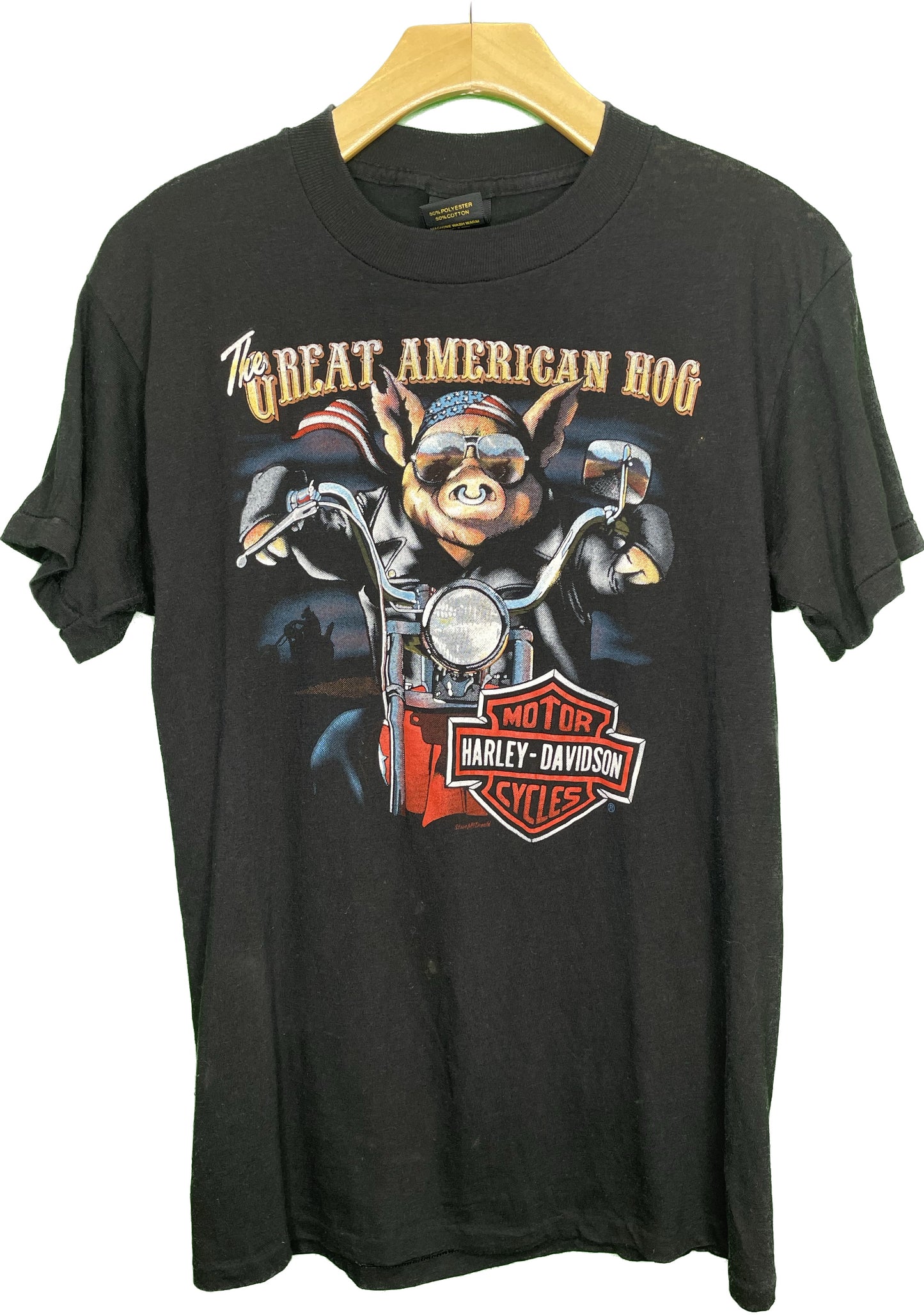 Vintage S/M 3D Emblem Harley Davidson T-Shirt Great American Hog Santa Barbara California NOS